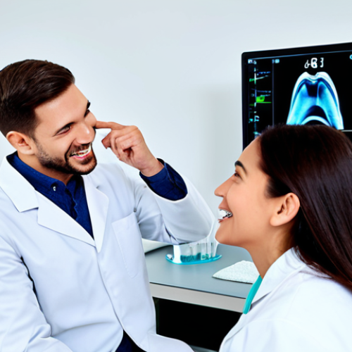 Home 19 A professional female patient, fully clothed in modest, appropriate attire, comfortably seated in a modern, clean dental clinic. A male dentist, wearing a professional medical coat, is gently performing an intraoral scan using a sleek, modern device. In the background, a large 3D monitor displays a digital scan of teeth. The atmosphere is calm and reassuring, highlighting advanced dental technology. Perfect anatomy, correct proportions, natural pose, well-formed hands, proper finger count, natural body proportions. Professional photography, high-resolution, sharp focus, natural lighting. Safe for work, appropriate content, family-friendly.