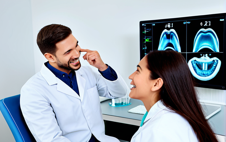 A professional female patient, fully clothed in modest, appropriate attire, comfortably seated in a modern, clean dental clinic. A male dentist, wearing a professional medical coat, is gently performing an intraoral scan using a sleek, modern device. In the background, a large 3D monitor displays a digital scan of teeth. The atmosphere is calm and reassuring, highlighting advanced dental technology. Perfect anatomy, correct proportions, natural pose, well-formed hands, proper finger count, natural body proportions. Professional photography, high-resolution, sharp focus, natural lighting. Safe for work, appropriate content, family-friendly.