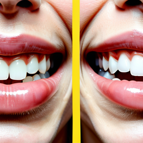 Home 18 A split image of an adult individual's orthodontic transformation. The left side shows the 'before' image with the individual's initial teeth and traditional braces, captured with a dental retractor to clearly display the full dental arch. The right side shows the 'after' image with a confident, straight smile after the completion of treatment, showcasing perfectly aligned teeth. Both images are taken in a professional dental clinic setting with soft, even lighting and a clean, neutral background. The subject is fully clothed in modest, professional attire, maintaining a natural pose. This is a safe for work, appropriate content, family-friendly depiction of a successful orthodontic journey, emphasizing perfect anatomy, correct proportions, well-formed hands holding the retractor, and natural body proportions, captured with high-quality professional photography.