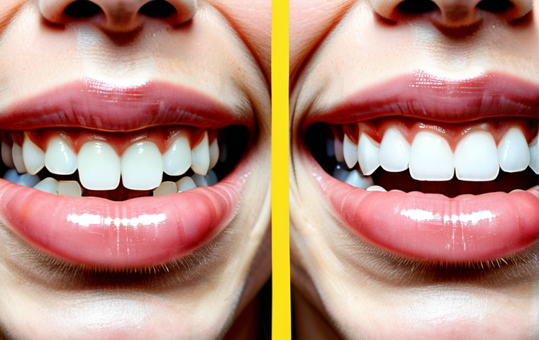 A split image of an adult individual's orthodontic transformation. The left side shows the 'before' image with the individual's initial teeth and traditional braces, captured with a dental retractor to clearly display the full dental arch. The right side shows the 'after' image with a confident, straight smile after the completion of treatment, showcasing perfectly aligned teeth. Both images are taken in a professional dental clinic setting with soft, even lighting and a clean, neutral background. The subject is fully clothed in modest, professional attire, maintaining a natural pose. This is a safe for work, appropriate content, family-friendly depiction of a successful orthodontic journey, emphasizing perfect anatomy, correct proportions, well-formed hands holding the retractor, and natural body proportions, captured with high-quality professional photography.