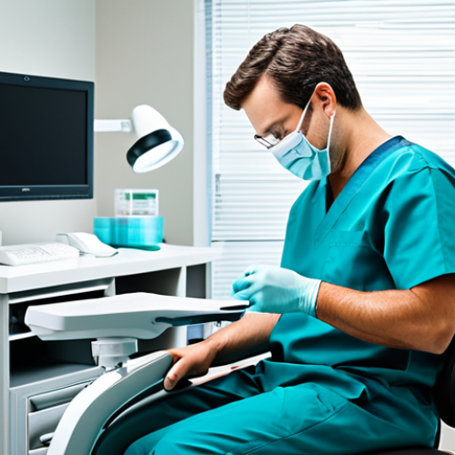Home 8 Ergonomic Dental Practice**
"A dentist, fully clothed in professional attire, working in a modern dental office. The scene highlights proper ergonomic setup: adjustable chair, patient positioning, and bright lighting. Safe for work, appropriate content, perfect anatomy, well-formed hands, modest clothing, professional photography."
**