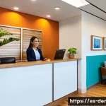 Home 20 치과 클리닉 운영 성공 비결 - A modern dental clinic reception area designed for Spanish-speaking patients, featuring warm lightin...