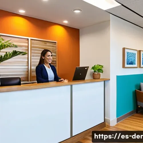 Home 32 치과 클리닉 운영 성공 비결 - A modern dental clinic reception area designed for Spanish-speaking patients, featuring warm lightin...