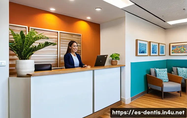 치과 클리닉 운영 성공 비결 - A modern dental clinic reception area designed for Spanish-speaking patients, featuring warm lightin...