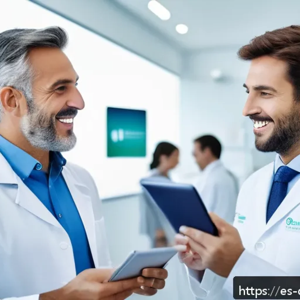 치과의사 전문 협회 추천 - A professional dental conference scene in Spain, showing a diverse group of dentists in business cas...