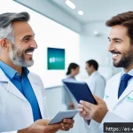 Home 18 치과의사 전문 협회 추천 - A professional dental conference scene in Spain, showing a diverse group of dentists in business cas...