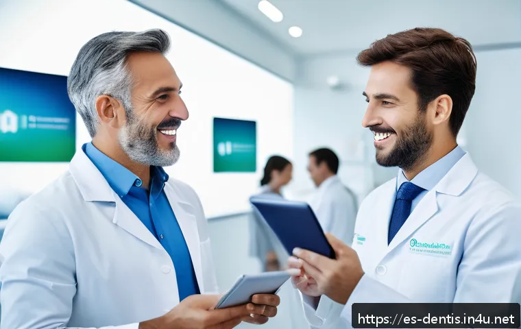 치과의사 전문 협회 추천 - A professional dental conference scene in Spain, showing a diverse group of dentists in business cas...