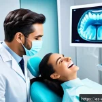 Home 23 치과 관련 IT 기술 활용 사례 - A modern dental clinic scene featuring a dentist using an advanced 3D intraoral scanner on a smiling...