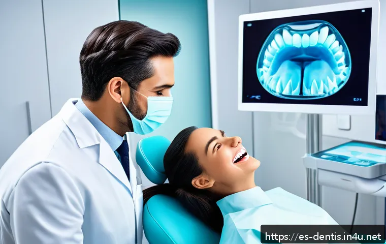 치과 관련 IT 기술 활용 사례 - A modern dental clinic scene featuring a dentist using an advanced 3D intraoral scanner on a smiling...