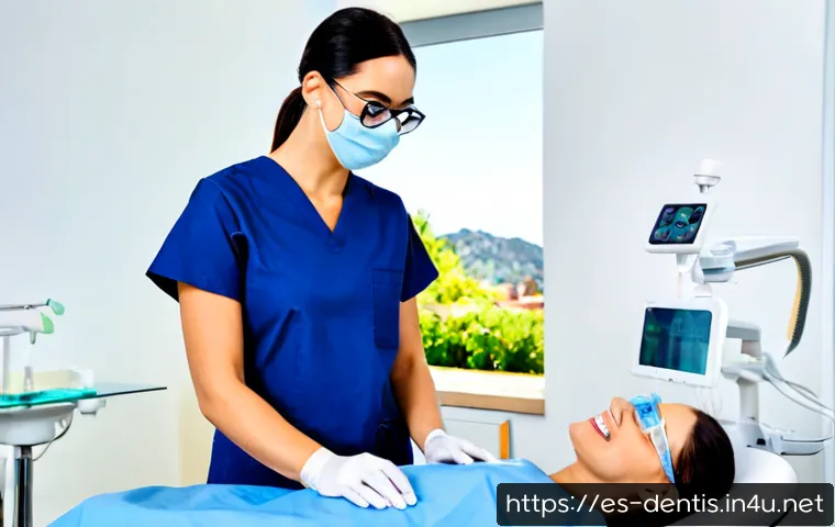 치과 신입의사 연수 프로그램 후기 - Photorealistic young dentist in a modern Spanish dental clinic, wearing clean navy scrubs and protec...